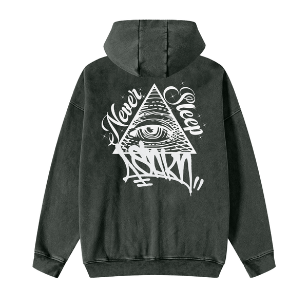 4SAKN NEVER SLEEP Snow Washed Zip-Through Fleece Hoodie