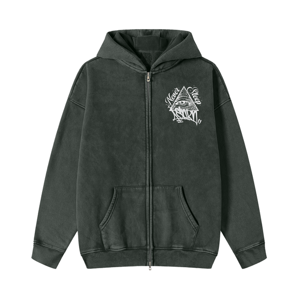 4SAKN NEVER SLEEP Snow Washed Zip-Through Fleece Hoodie